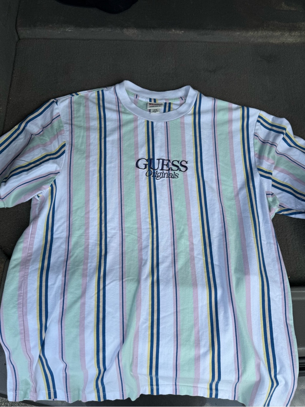 GUESS Pastel Multistripe Crewneck Tee in White, Blue, Mint, Pink
